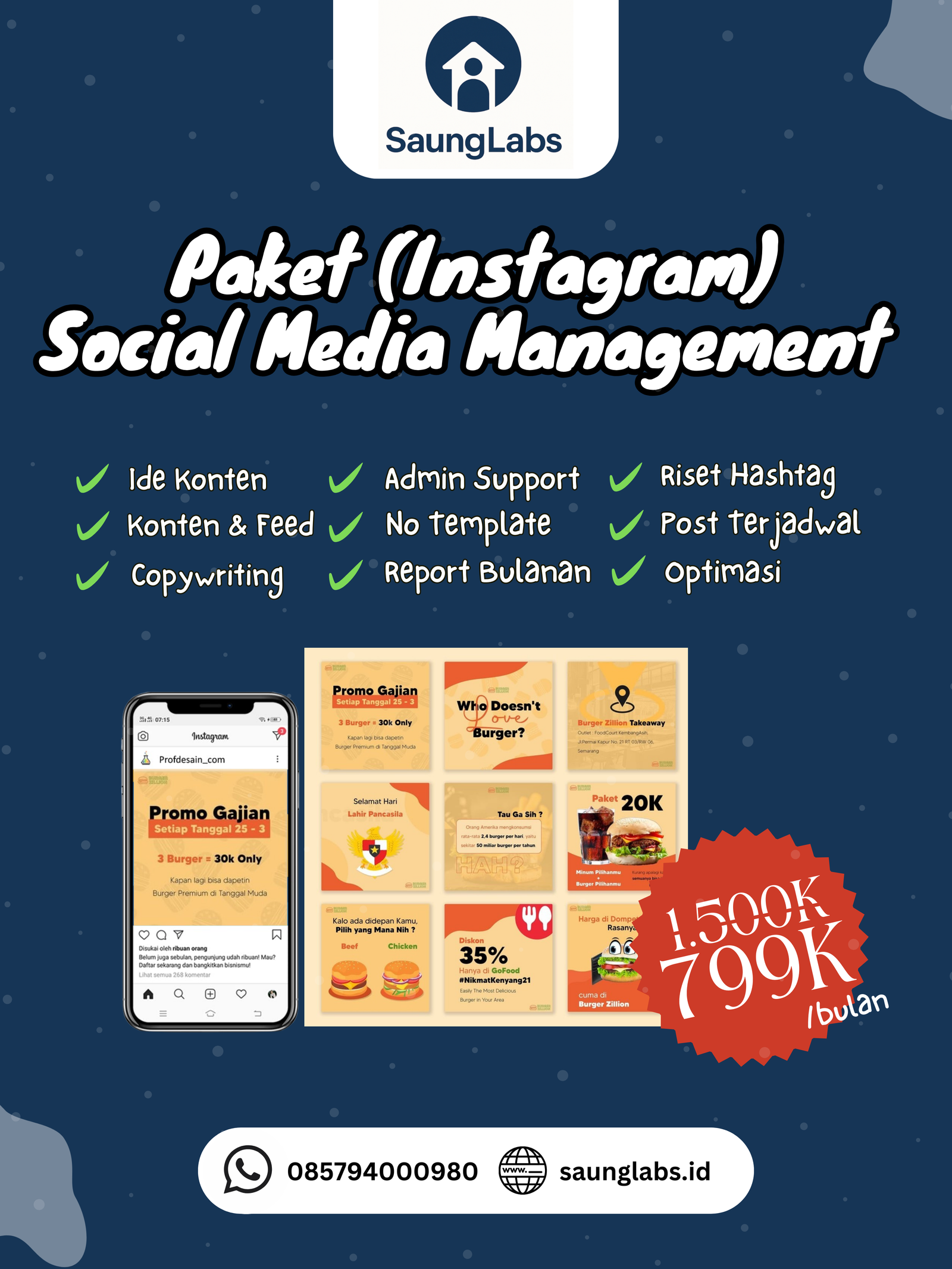 Poster Paket Social Media Management Instagram — ide konten, desain feed, report bulanan, post terjadwal, 799K/bulan