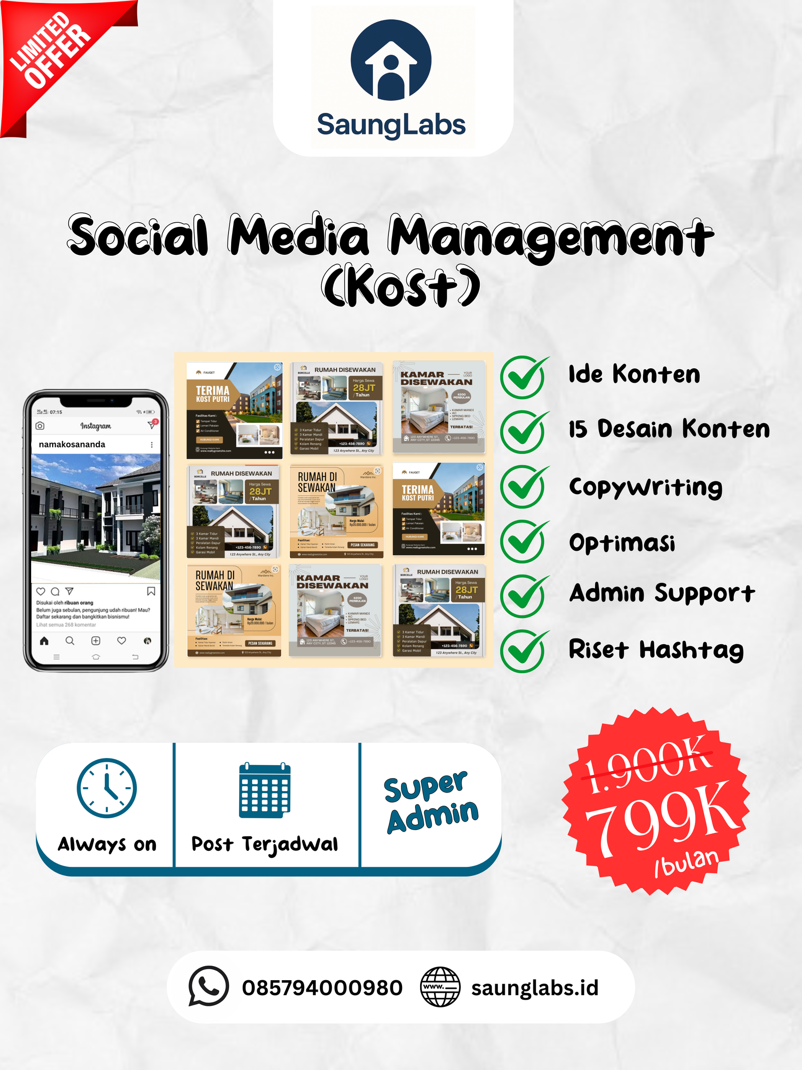 Poster Paket Social Media Management—15 desain konten, admin support, riset hashtag, 799K/bulan