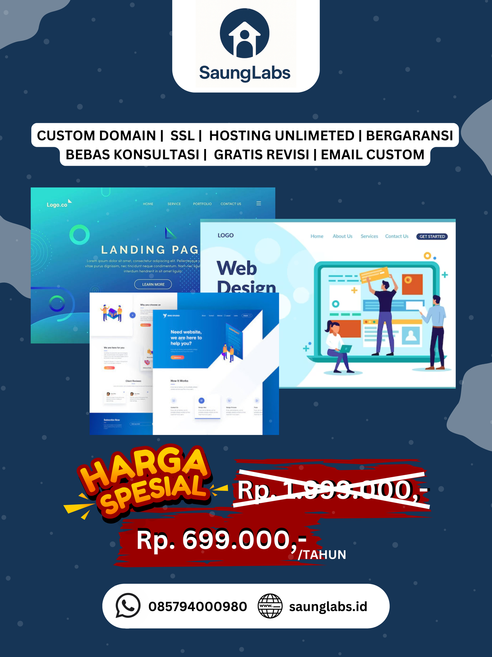 Poster Paket Website Hemat — custom domain, SSL, hosting unlimited, 699K/tahun